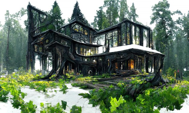 Fairy tale magical witch house glowing wooden doors and windows Witch hunt in the forest Illustration for a book of fairy tales