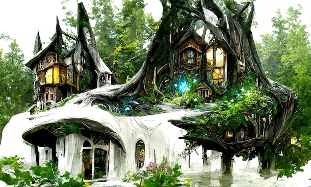 Fairy tale magical witch house glowing wooden doors and windows Witch hunt in the forest Illustration for a book of fairy tales