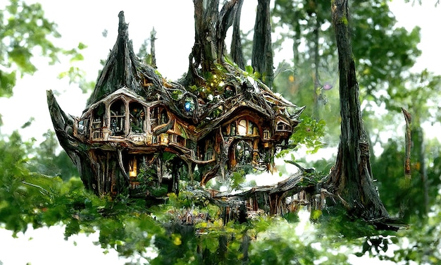 Fairy tale magical witch house glowing wooden doors and windows Witch hunt in the forest Illustration for a book of fairy tales