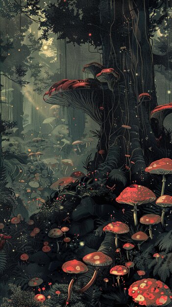 a fairy tale of mushrooms is surrounded by snow and fog