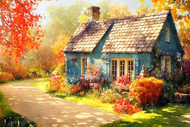 Fairy tale rustic country house gold autumn