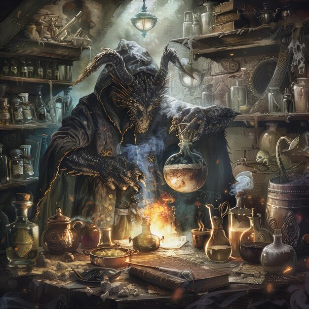 Fairy tale scene with a mythical dragon in the medieval kitchen