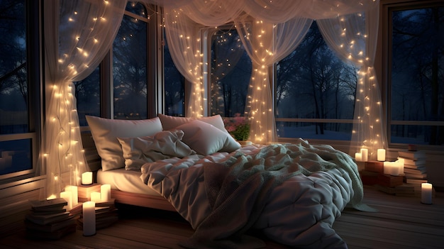 Fairy taleinspired cozy dreamy bedroom with a fourposter canopy bed twinkling string lights