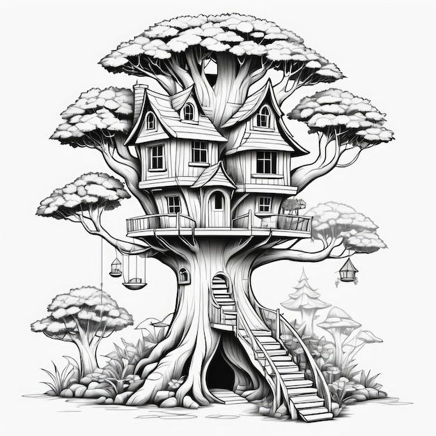 Fairy Treehouses coloring page art for kids