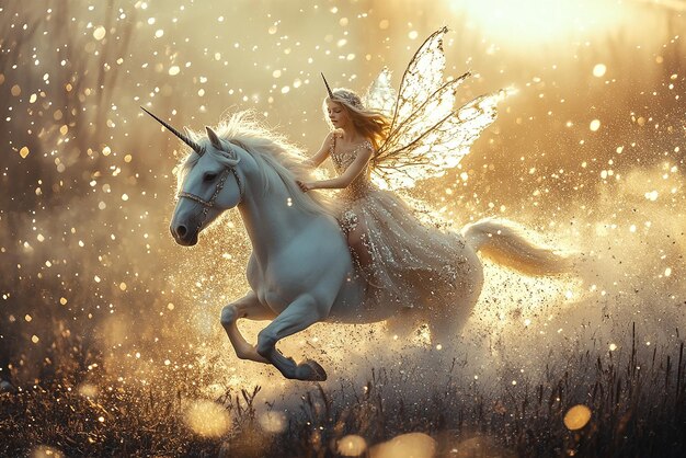 Photo fairy on a white horse with wings and the words fairy