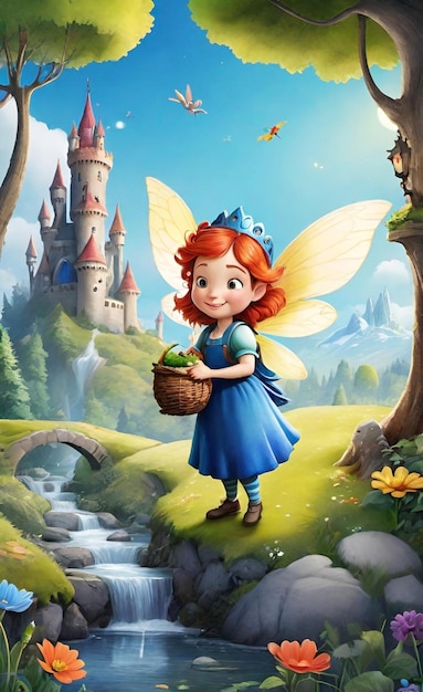 a fairy with a basket of eggs and a castle in the background