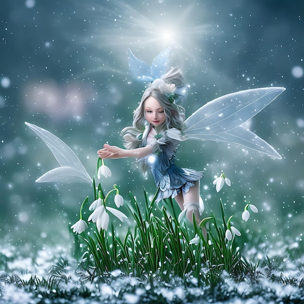 Photo a fairy with a blue dress and a white angel in the snow