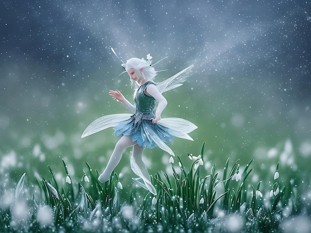 A fairy with a blue dress and a white angel in the snow