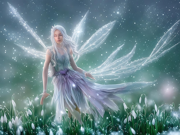 A fairy with a blue dress and a white angel in the snow