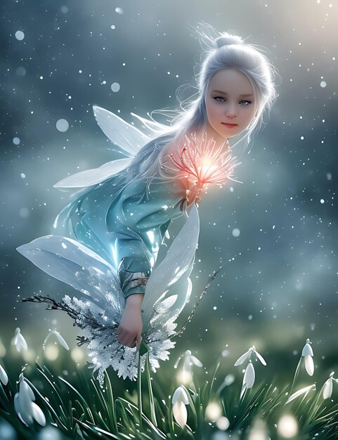 A fairy with a blue dress and a white angel in the snow