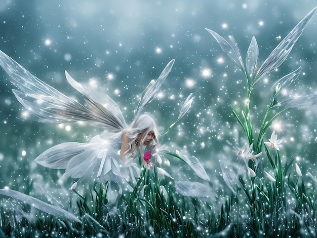 A fairy with a blue dress and a white angel in the snow