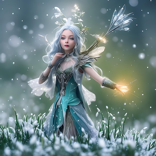 Photo a fairy with a blue dress and a white angel in the snow