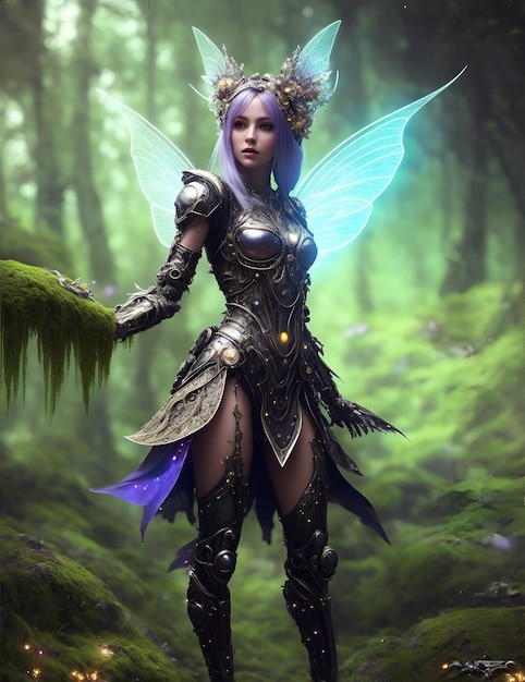 A fairy with blue wings stands in a forest.