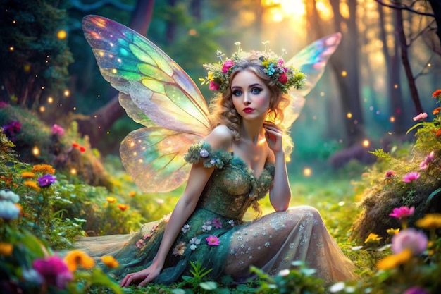 a fairy with a butterfly in the background of a forest