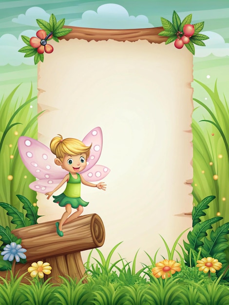 Photo a fairy with a butterfly on his shoulder is above a wooden sign that says  the little fairy