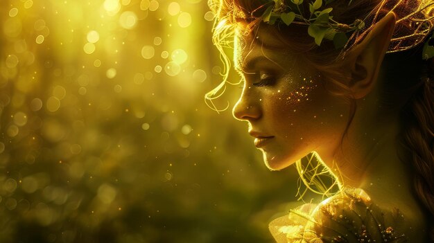 Photo a fairy with delicate features and golden hues enjoys the warm sunshine