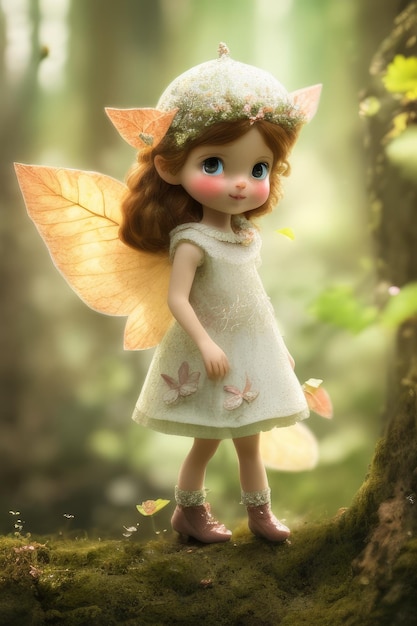 A fairy with a flower crown stands on a tree branch.