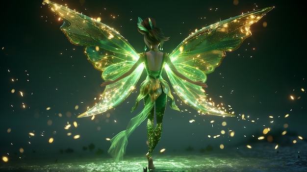 Photo a fairy with glowing wings and a flowing dress walks away from the camera