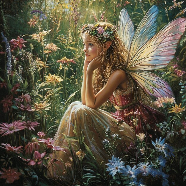 A fairy with gossamer wings in a lush garden