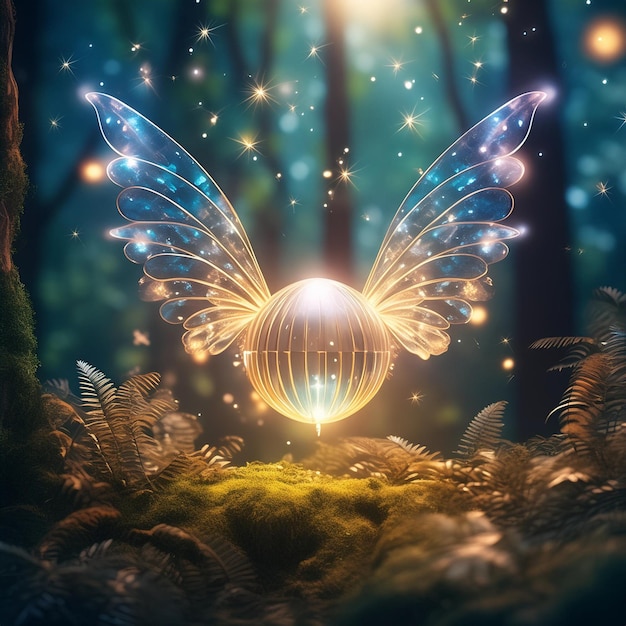 a fairy with a large ball in the middle of the forest