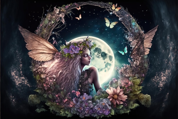 Fairy with wings in a fantasy magical enchanted forest with butterflies magic flowers and huge moon