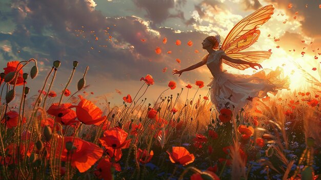 Photo a fairy with wings flying through a field of flowers