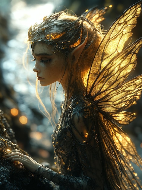 Photo a fairy with wings like dragon scales guarding wallpaper