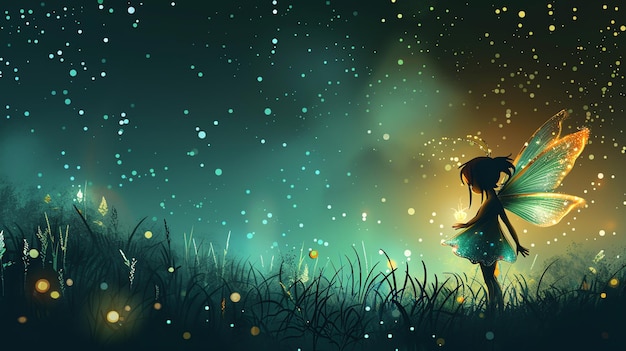 Photo a fairy with wings stands in a field of tall grass at night with fireflies and stars in the background