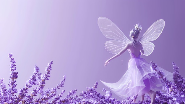 A fairy with wings wearing a purple dress and flower crown stands in a field of lavender