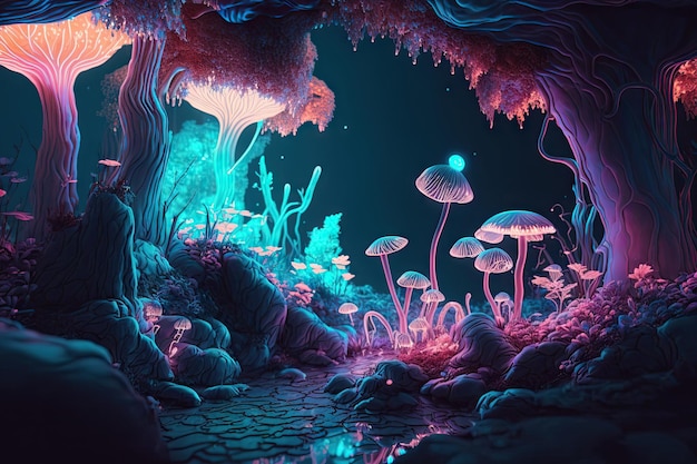 Fairyland scenery in wonderful ultraviolet forest like in fairytale scene