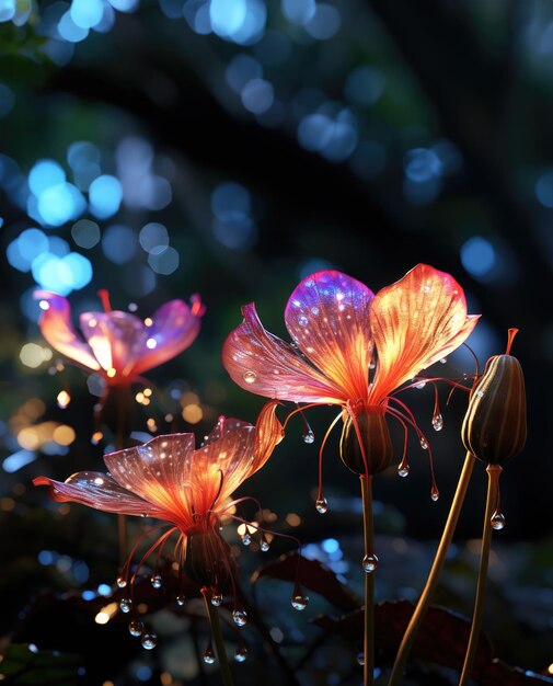 Fairylike flowers with translucent petals and sparkling droplets in the dappled sunlight of the forest