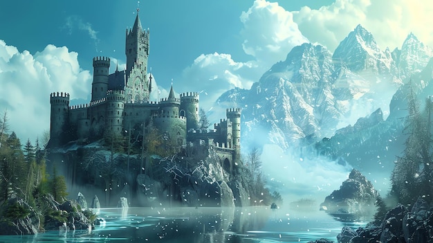 A fairytale castle sits on a cliff overlooking a mountain range