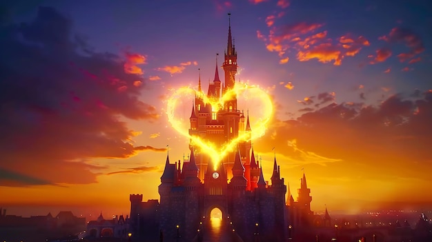 Fairytale castle with a heartshaped magical glow at sunset