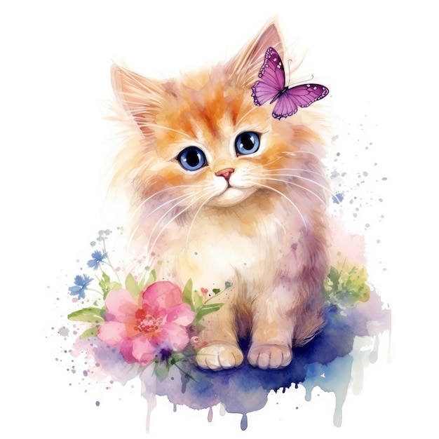 Fairytale Cat Watercolor Clip Art White Background