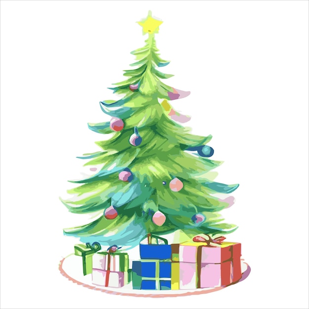 Fairytale Christmas tree with a variety of decorations on a white background illustration isolated on white