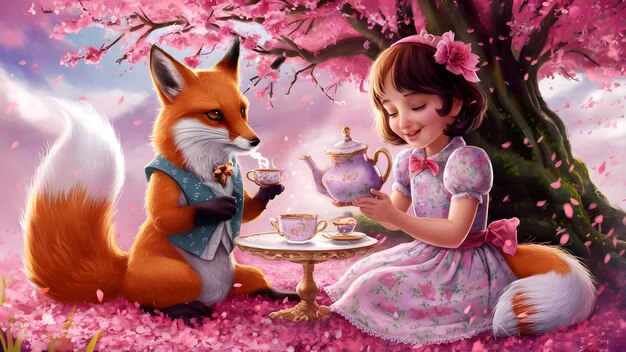 fairytale concept a cute girl is sitting at a table with a fox and have a cup of tea