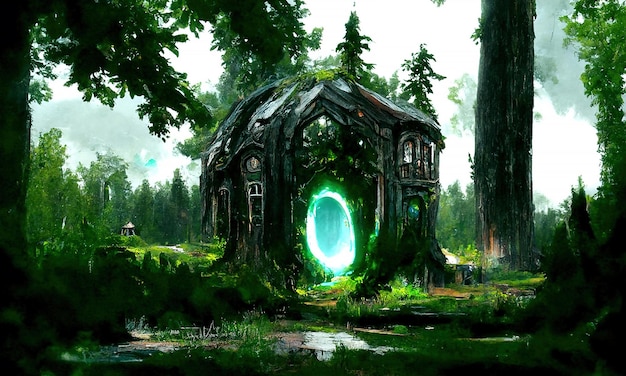 Fairytale fantasy house wizard in the forest A portal to other worlds Glowing doors and windows of a creepy fairytale house in a dark forest fantastic illustration