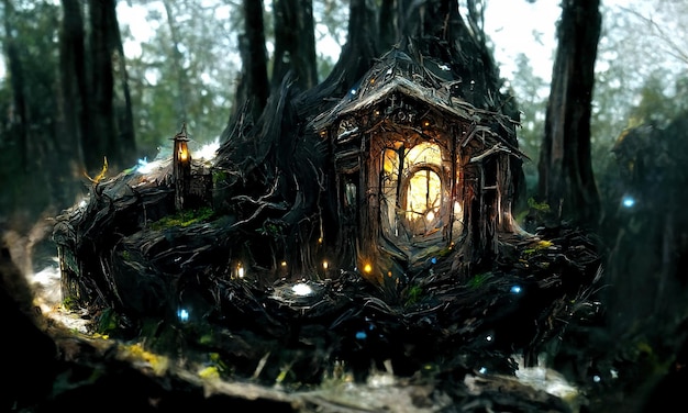 Fairytale fantasy house wizard in the forest A portal to other worlds Glowing doors and windows of a creepy fairytale house in a dark forest fantastic illustration