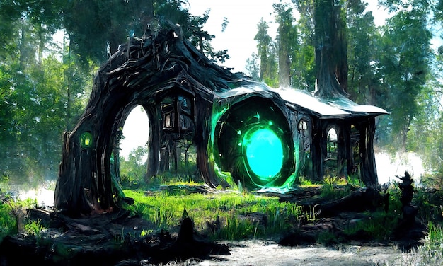 Fairytale fantasy house wizard in the forest A portal to other worlds Glowing doors and windows of a creepy fairytale house in a dark forest fantastic illustration