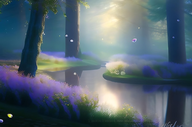 Fairytale forest bathed in the soft glow of dawn