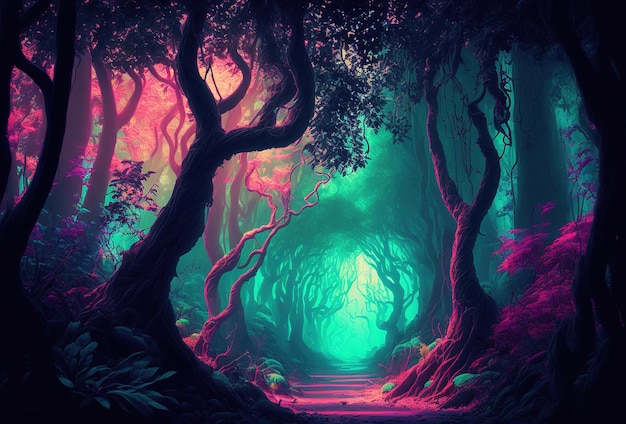 A fairytale forest a surreal mystical landscape The dark trees are illuminated by multicolored psychedelic neon light A mysterious path through the thicket 3D rendering AI generated