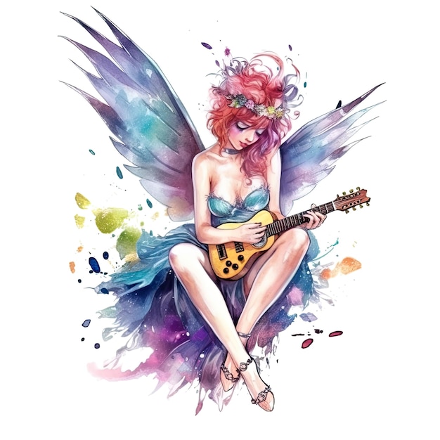 Fairytale heroine Full length illustration of a cool modern fairy and miniskirt playing electric guitar on a transparent background Princess tales Ai generative