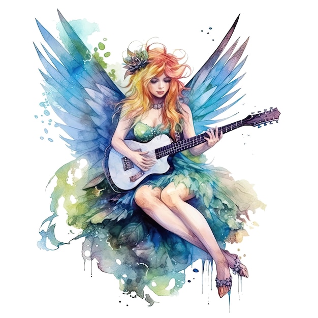 Fairytale heroine Full length illustration of a cool modern fairy and miniskirt playing electric guitar on a transparent background Princess tales Ai generative