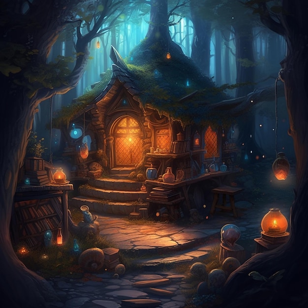 The fairytale house of a forest wizard located in the forest thicket