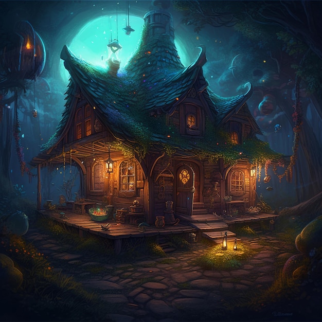 The fairytale house of a forest wizard located in the forest thicket