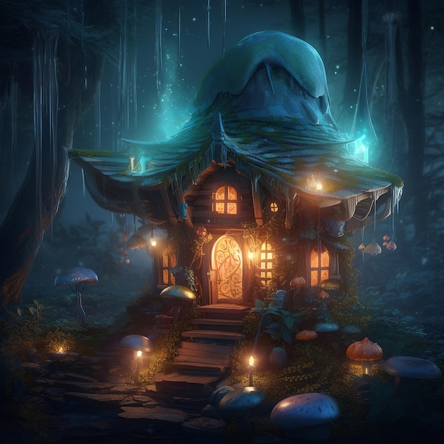 The fairytale house of a forest wizard located in the forest thicket