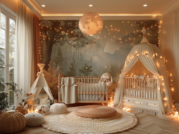 Fairytale inspired nursery with enchanted forest wallpaper and soft