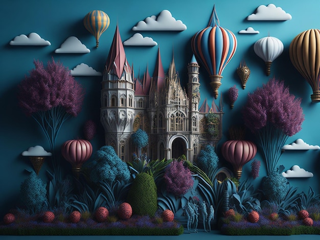 Fairytale landscape with castle balloons and trees 3d rendering Digital art for wall decor