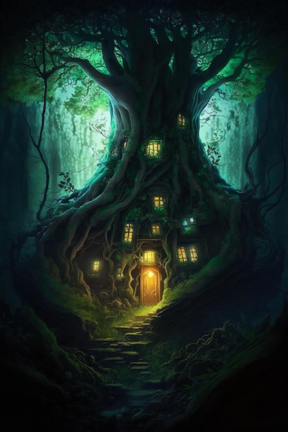 A fairytale magical tree in a dark forest with a house and small windows with lights shining in Generative ai