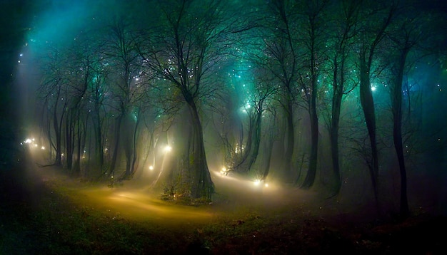 Fairytale night forest Fantasy mystical landscape illustration neural network render